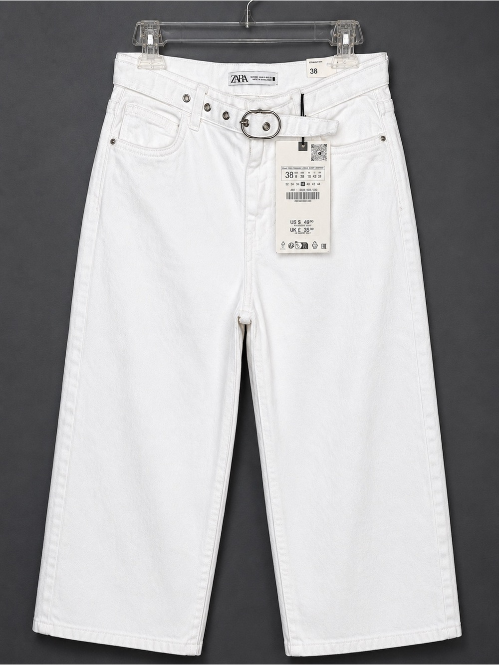 Zara White High-Rise Straight Fit Cropped Jeans with belt! NWT